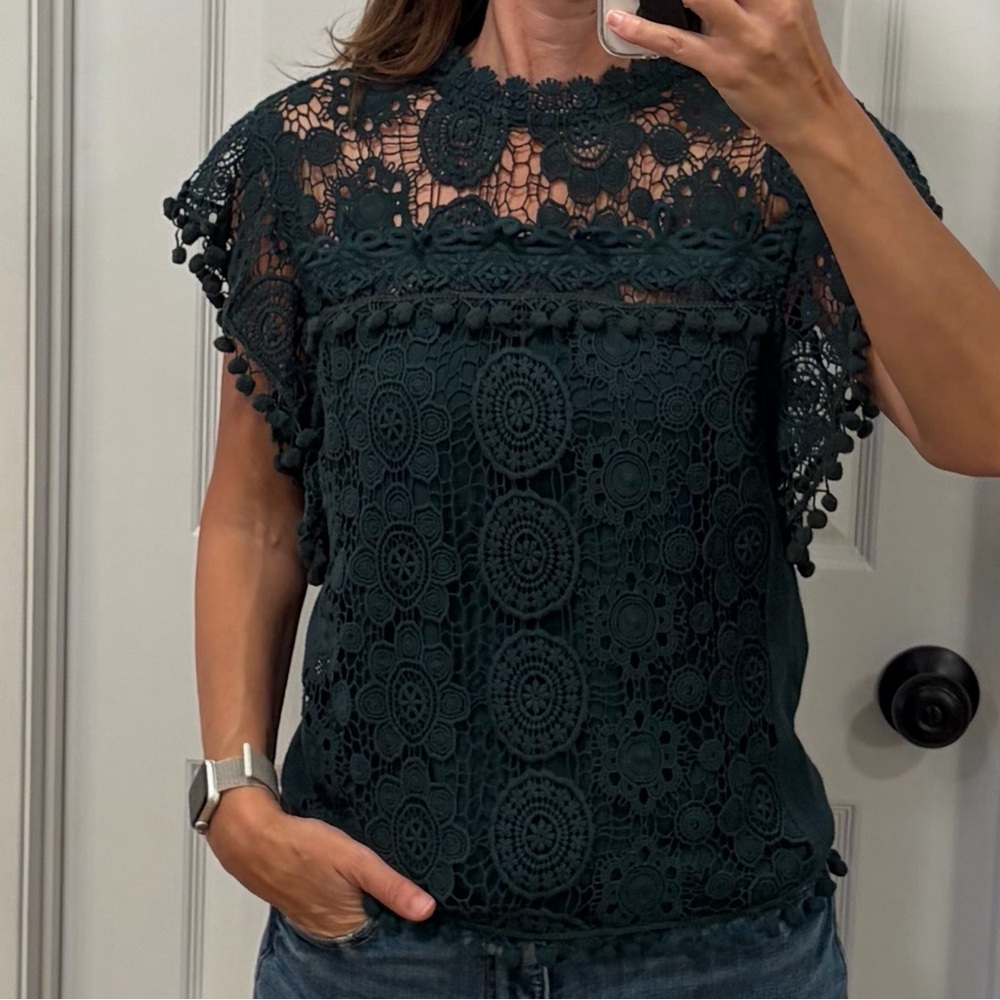 TULAROSA Boho Clayton Crochet Lace Pompom Top – Green, Size Small